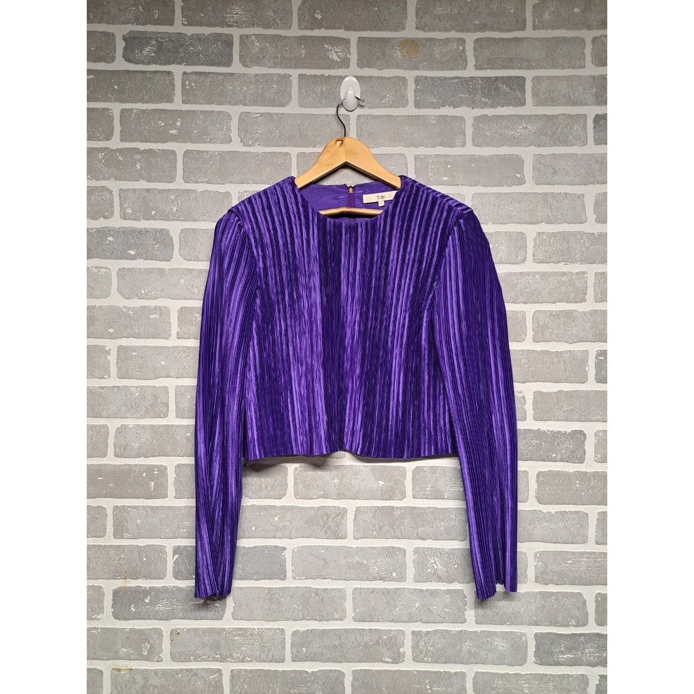 Tibi Women Purple Pleated Plisse Satin Crop Long Sleeve Round Neck Blouse Size 4